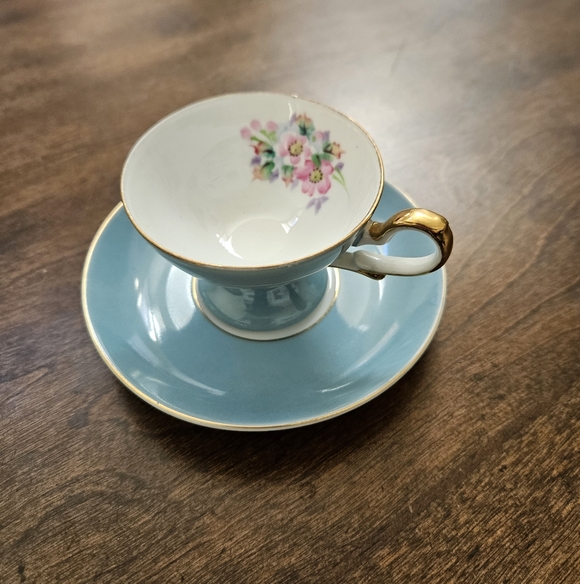 Vintage Robin Egg Blue Pedestal Demitasse Cup & SaucerGold Trimmed with Floral - Picture 2 of 7